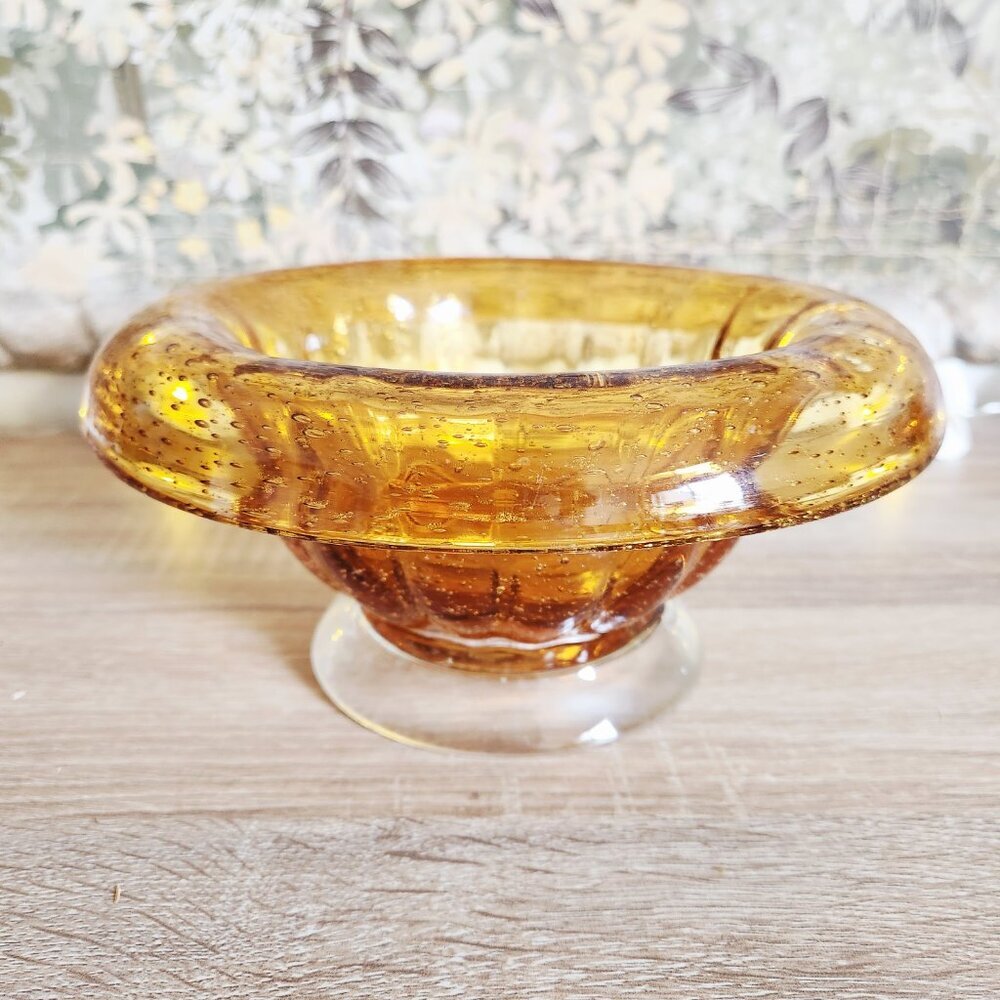 Vintage Hand Blown Art Rolled Edge Amber & Clear Bubble Glass Bowl Mid Century
